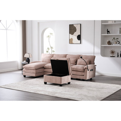 Modulaire en forme de U de 106 po, 4 sièges, chenille douce et respirante, structure en contreplaqué, charge de type C, support pour téléphone, repose-pieds de rangement mobile, double poches latérales pour canapé modulaire de salon avec chenille
