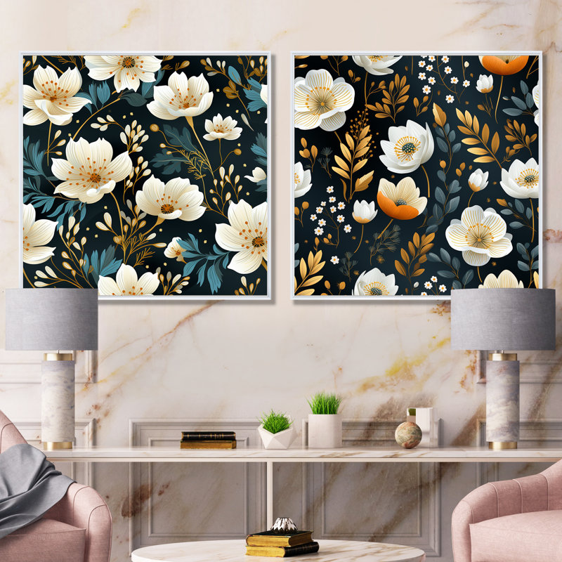 Forteau - ensemble de 2 reproductions d'art sur toile florales, Cadre blanc, H 36 po x l 73 po x P 1,5 po