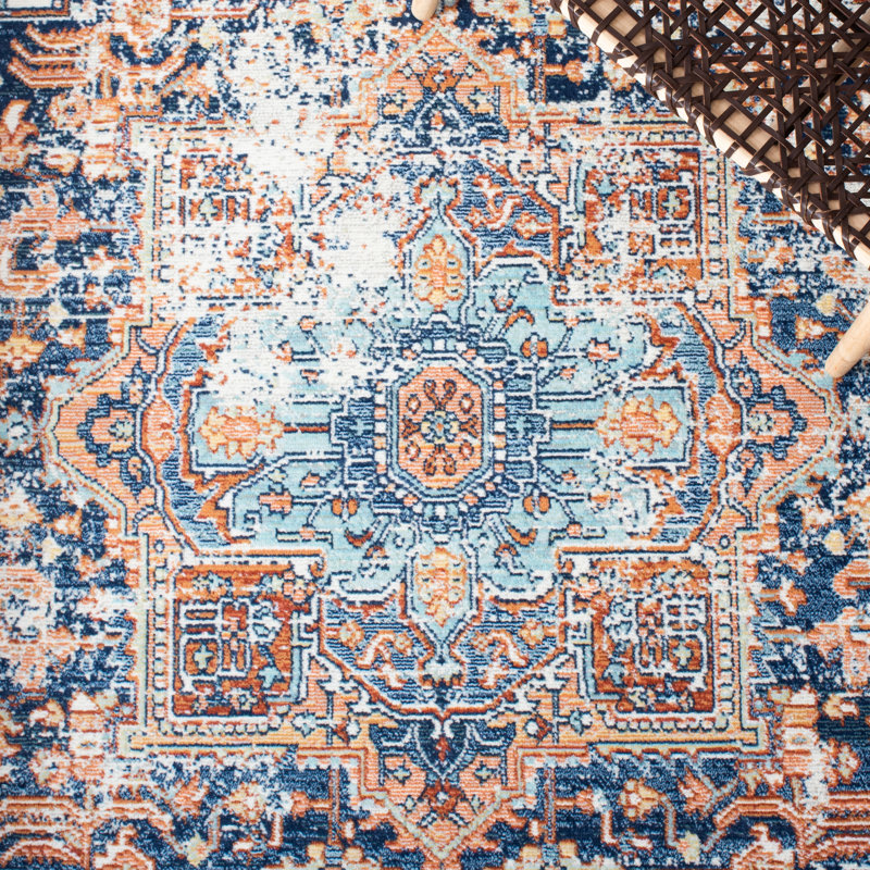 Fessler Oriental Navy/Rust Area Rug, Round 6'7"