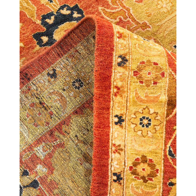 Tapis orange / noir / jaune noué à la main de conception unique 8 pi 1 po x 9 pi 9 po Hayner