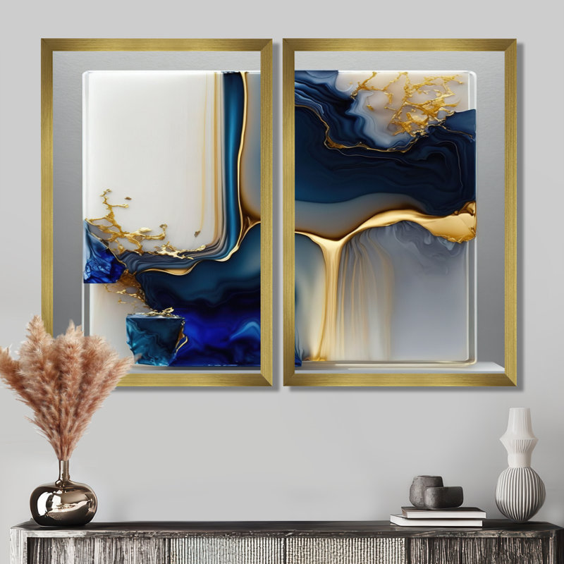 «Abstract Geode», reproduction d'art sur toile abstraite bleue, H 36 po x l 48 po, Reproduction encadrée, Doré