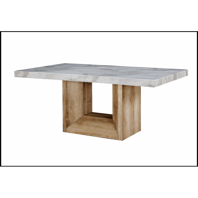 Table de salle à manger en bois naturel SHEena avec plateau en faux marbre, durable et élégant pour les intérieurs modernes