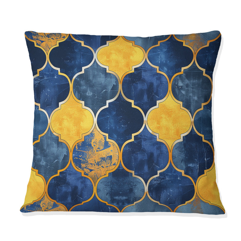 Coussin moderne bleu et jaune à motif de quadrilobe moderne II, H 18 po x l 18 po