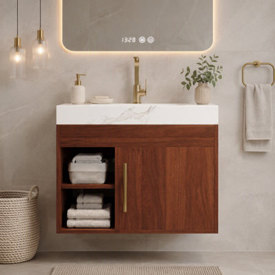 Meuble-lavabo flottant avec lavabo, meuble-lavabo mural de 24 po avec plateau en pierre frittée et lavabo en céramique sans soudure