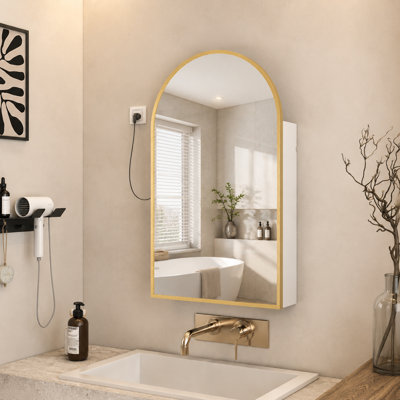 Arched Wall-Mounted Mirrored Medicine Cabinet With Storage & Built-In Outlet, Adjustable Shelves