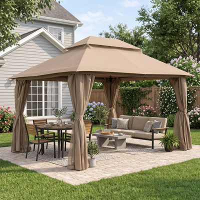 10'x13' Double Roof Outdoor Gazebo with Mosquito Netting and Privacy Curtains, Metal Frame Patio Canopy with Hanging Hook, Multiple Sizes