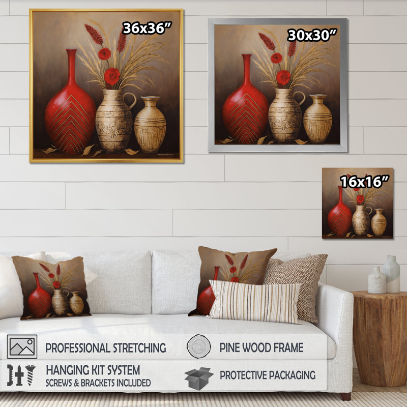 Nature morte, vase rouge avec blé et fleurs rouges - reproduction sur toile, H 24 po x l 24 po x P 1 po, Toile tendue