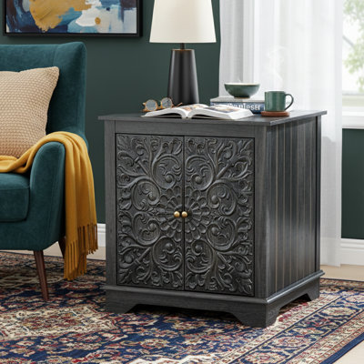 Table de bout l 24 po avec porte florale sculptée et tablette réglable, table de chevet de style campagne moderne avec pieds en bois massif, brun noir antique
