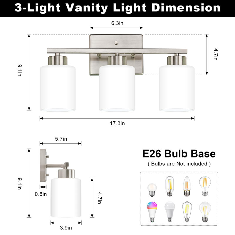Luminaires de salle de bain en nickel brossé, miroir de meuble-lavabo moderne à 3 lumières, appliques murales avec abat-jour en verre givré (ampoules non incluses)