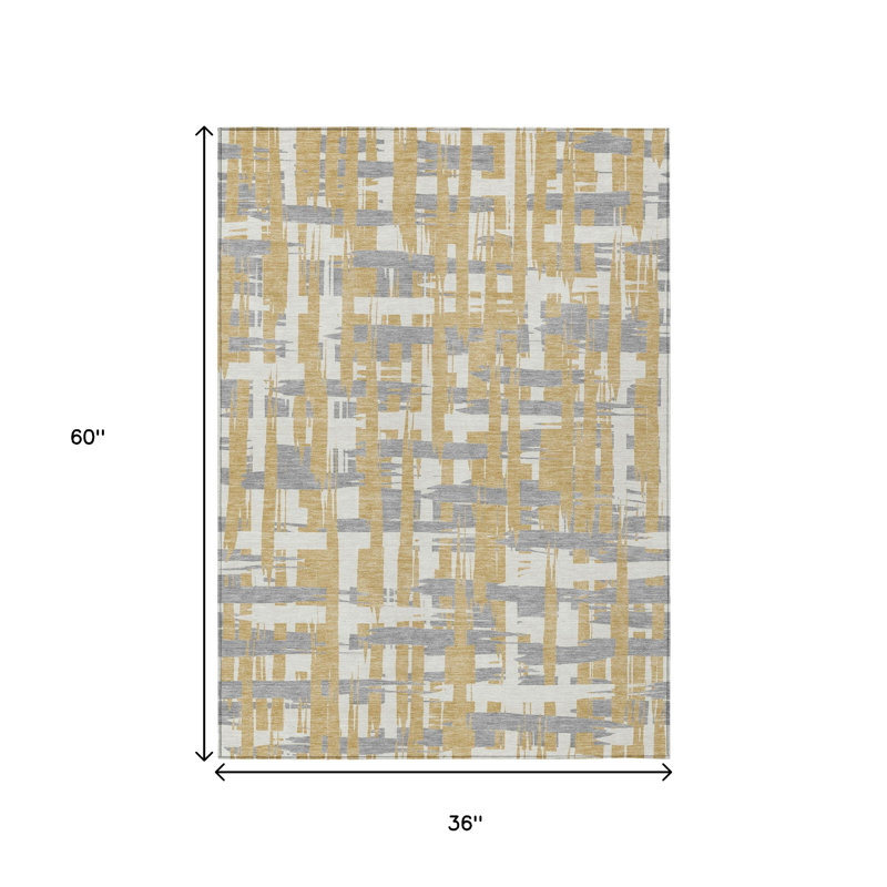 3' X 5' Gold Ivory And Gray Striped Washable Indoor Outdoor Area Rug