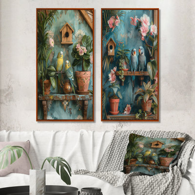 «Parakeets In A Flower Garden I» - ensemble d'art mural 2 pièces