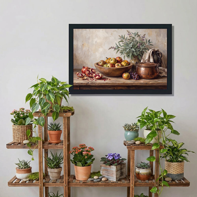 Tableau sur toile représentant des pommes rouges et des grenades dans un bol en bois avec un pot en cuivre, 16"H x 24"W