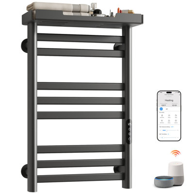 MASO Smart Heated Towel Rack, 160W Wall-Mounted Electric Towel Warmer with Shelf, 8-Bar, Wi-Fi App Control, 1-24H Timer, 115℉-155℉, Low Carbon Steel, IPX5, Plug-in/Hardwired, Gray