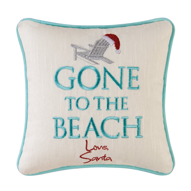 Gone To The Beach Embroidered Christmas Holiday Throw Pillow, Blue/Beige, 10" x 10"