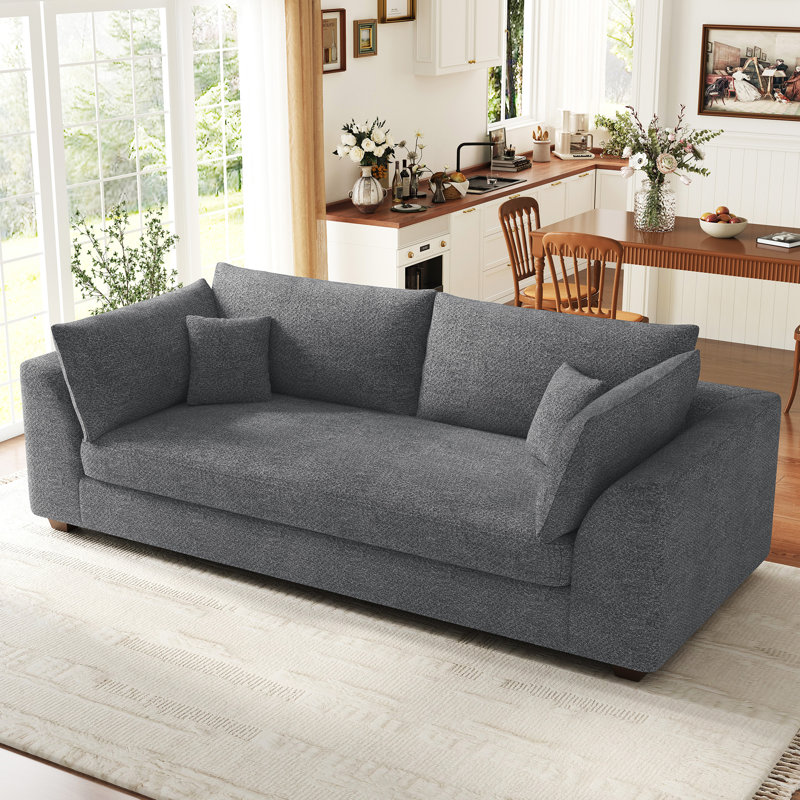 Canapé rembourré en bois massif l 84,6 po avec coussins décoratifs, Chenille gris pâle