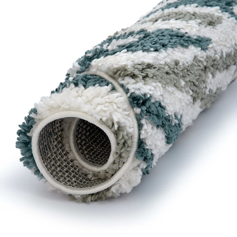 Moodi Modern Shaggy Area Rug Abstract Brushstroke Line Design, Off-White/Green, Round 120 cm