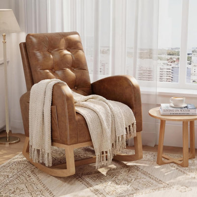 Fauteuil inclinable berçant pour chambre de bébé, fauteuil coulissant en cuir de polyuréthane respirant avec dossier haut et pieds en bois, orange