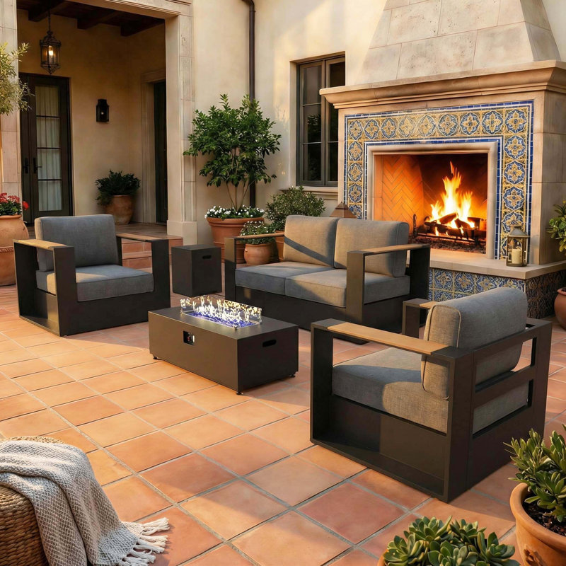  Outdoor Oversized Aluminum  Conversation Set With Firepit Table And 6-inch Cushion, 4 Pcs: 2 Chairs, Fire Pit, Loveseat