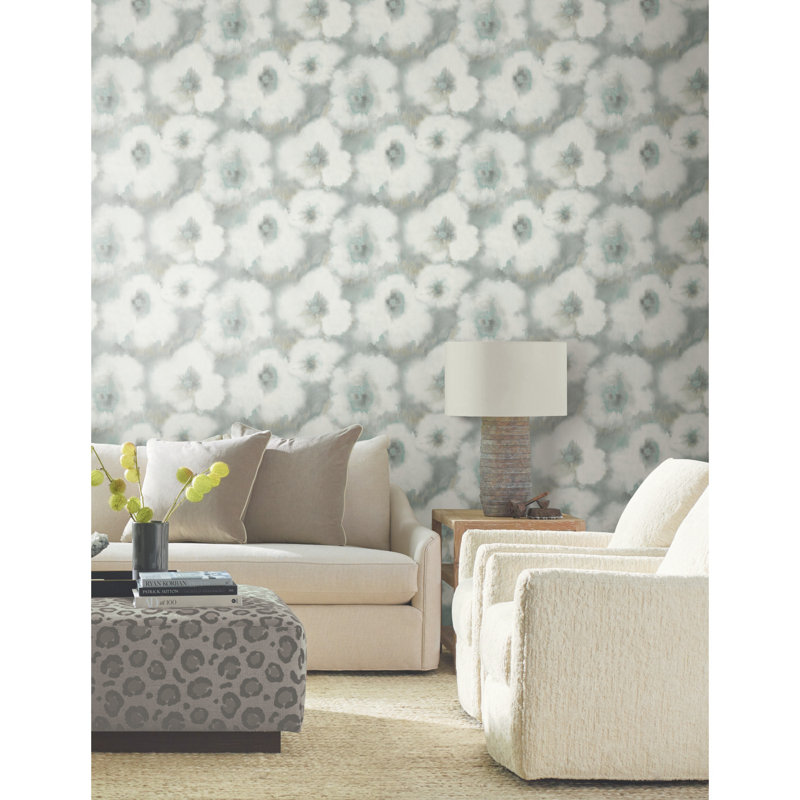Blended Floral Floral Wallpaper Roll, Aqua