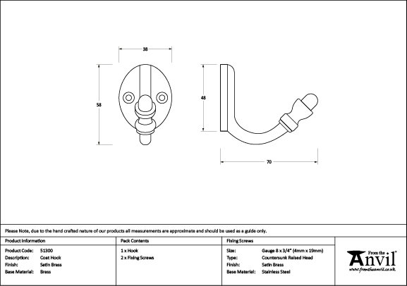 Brass Wall Hook, Satin Brass