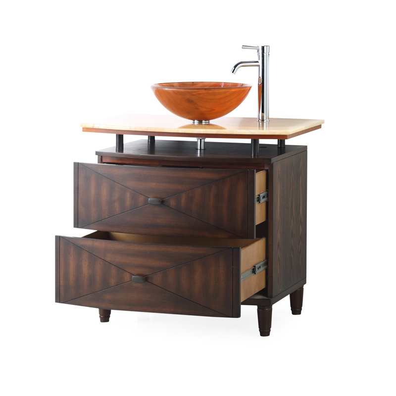 Valentina 36'' Medium Brown Birch Wood Vessel Sink Vanity with Marble Top