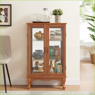 Vitrine en chêne rétro avec portes en verre trempé | Arrière en miroir éclairé & amp; Tablettes réglables | Panneau de fibres à densité moyenne + verre