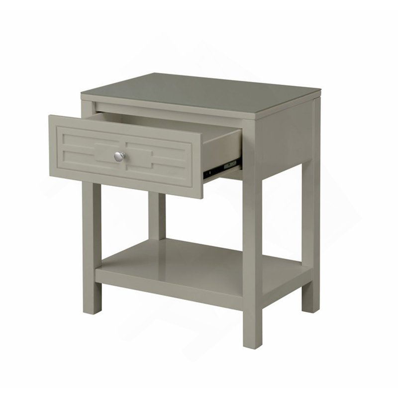 Table de chevet 23 po en bois taupe avec plateau en verre et tiroir
