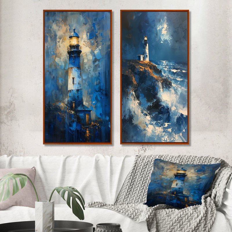 Ensemble de 2 pièces d'art mural phare bleu, H 40 po x l 40 po, Impression encadrée, Brun