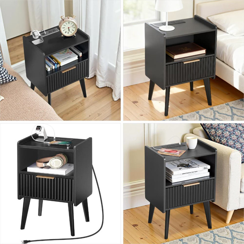 Table de chevet moderne avec station de charge, table de chevet avec tiroir de rangement et tablette ouverte, conception cannelée avec pieds en bois massif pour la chambre à coucher et le salon
