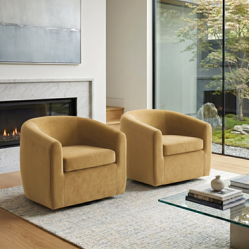 Richard  Upholstered Velvet Swivel Barrel Chair, Yellow