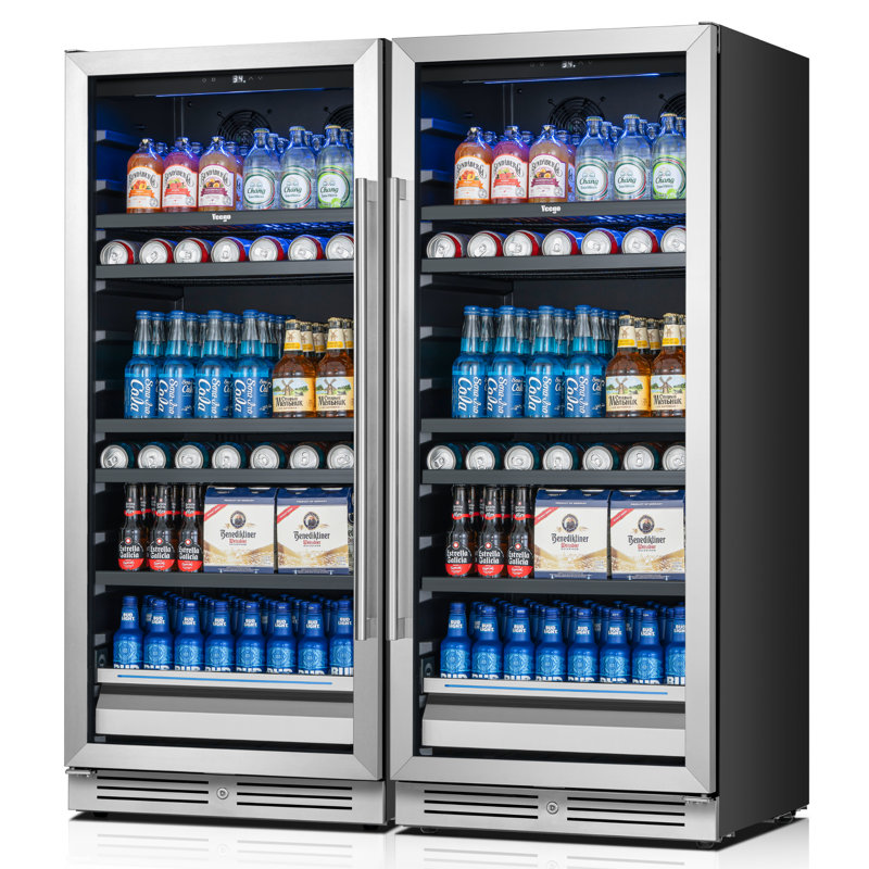 Réfrigérateur à boissons encastré 275L avec porte battante gauche, cadre en acier inoxydable et verre à double couche