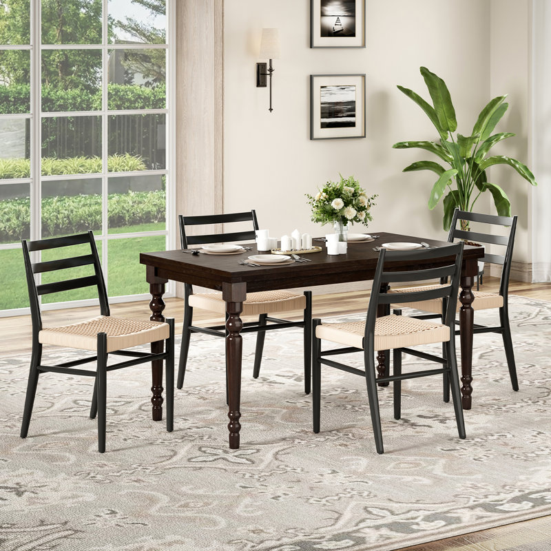 4 - Person Solid Wood Solid Wood Top Four Leg Dining Set, Black, Black, Beige