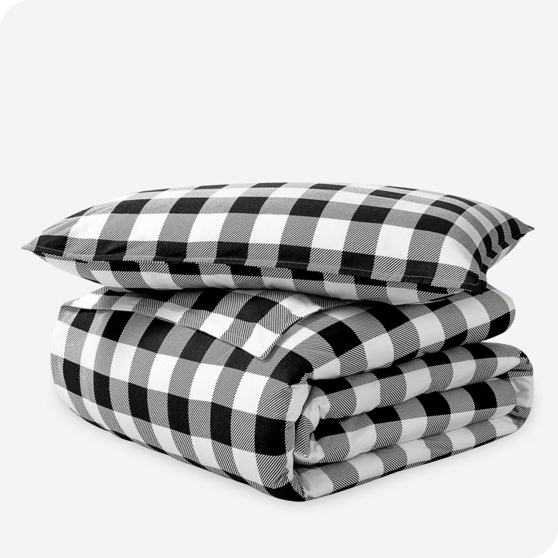 Flannel Duvet Cover and Sham Set, Queen Duvet Cover + 2 Standard Shams, White/Black