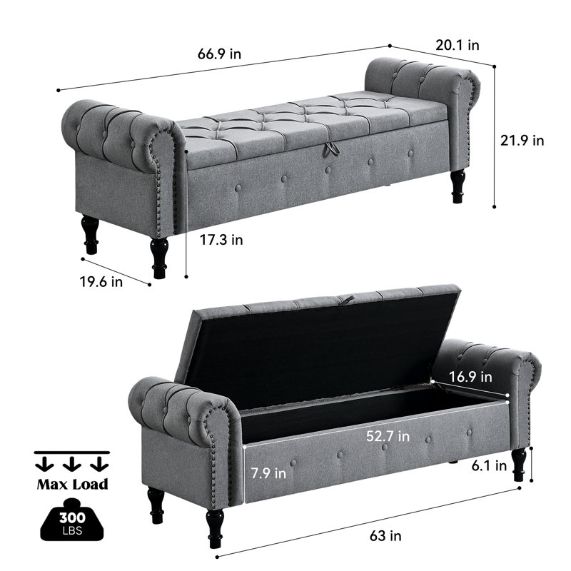 Banc de rangement rembourré 66,9 po, Gris