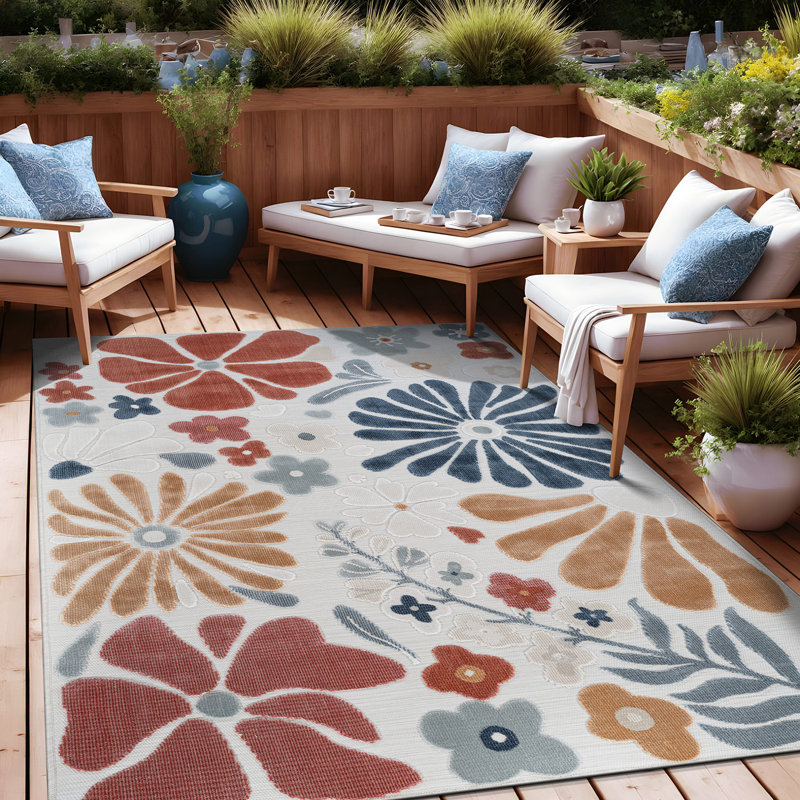 Tapis floral d'intérieur pour l'extérieur, White, Rectangle 6' x 9'