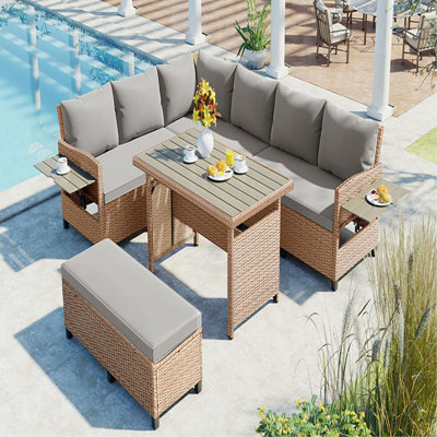 5-Piece Outdoor Patio Rattan Sofa Set, Sectional PE Wicker L-Shaped Garden Furniture Set With 2 Extendable Side Tables, Dining Table And Washable Covers For Backyard, Poolside, Indoor