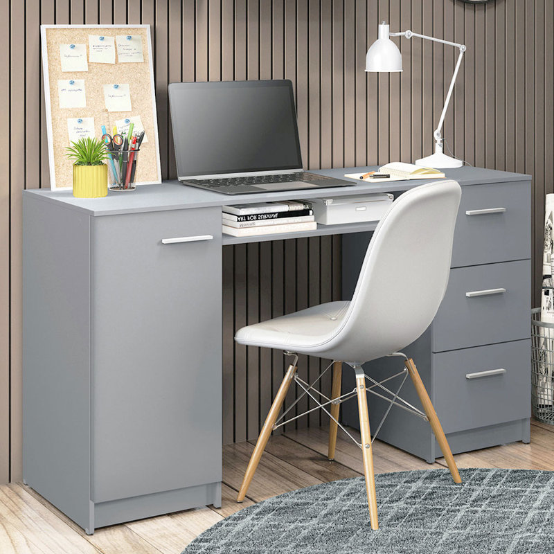 Computer Desk with 3 Drawers, 1 Door and 1 Storage Shelf, Light Gray