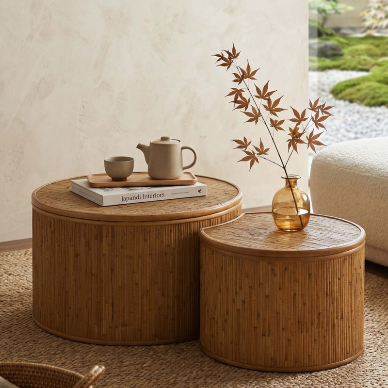 Ensemble de tables basses vintage en rotin avec rangement et fonction gigogne