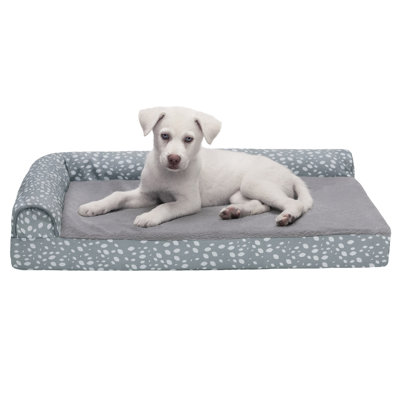 Plush Fur & Almond Print Memory Top Deluxe L-Chaise Sofa Pet Bed
