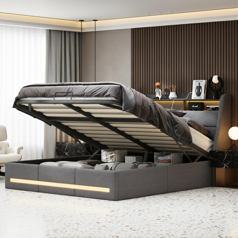 EU Double & King Ottoman Storage Bed With Dual LED Lights, Upholstered Bed Frame With Charging Port, Grey Linen
