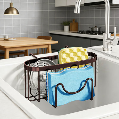 Stainless Steel Sponge Holder For Double Kitchen Sinks - Movable Sink Caddy With M-Shaped Hooks For Dish Sponge, Brush, And Sink Stopper Organizer