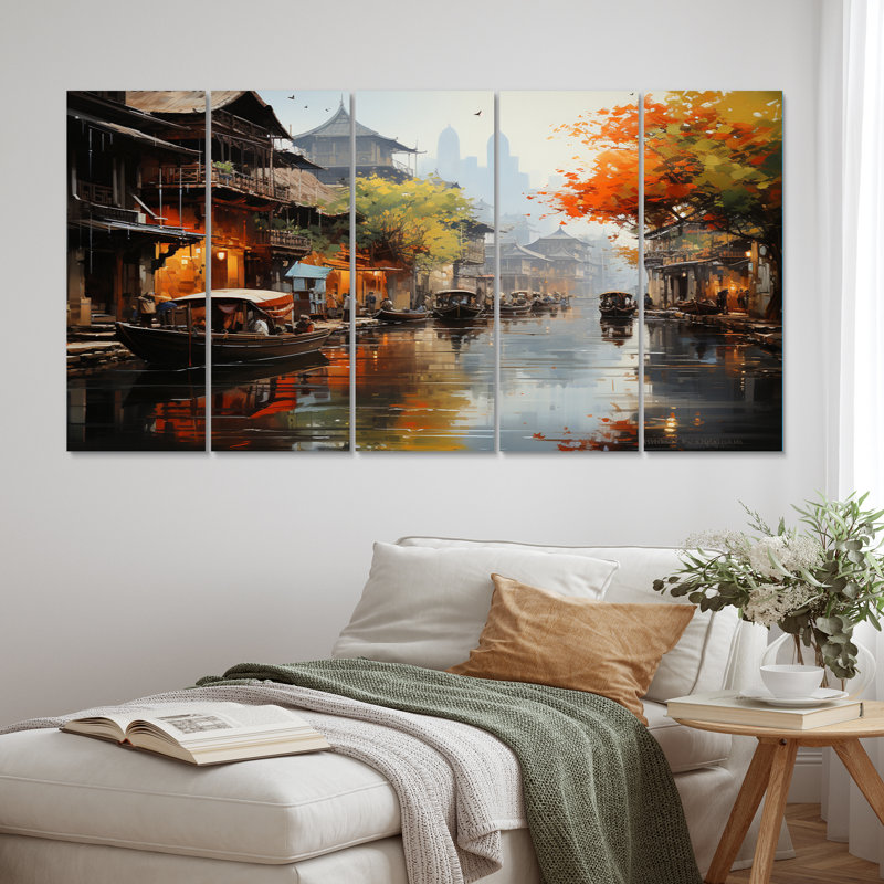 «Vietnam Floating Market Rhythms I», art mural sur toile, 5 panneaux égaux
