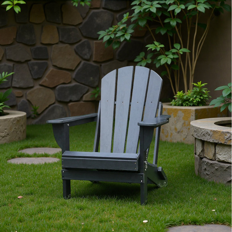 Adirondack Folding Chair With Dual Cup Holders - Hdpe All-weather Outdoor Chairs, Wood-like Patio Chair, Black