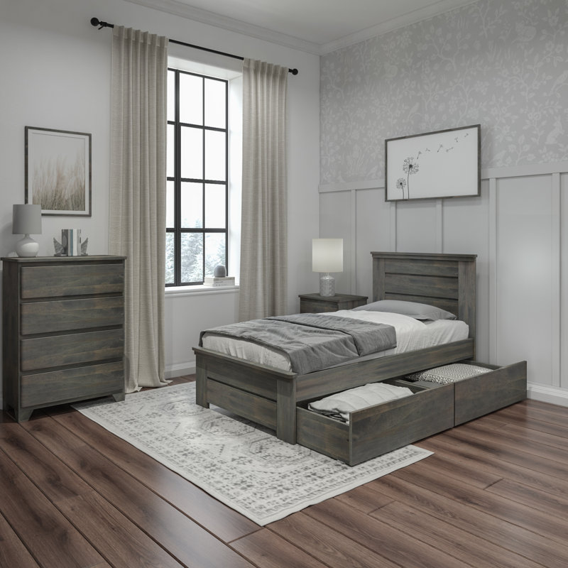 Decimus Pine Solid Wood Standard Bed with Drawers, Twin, Driftwood