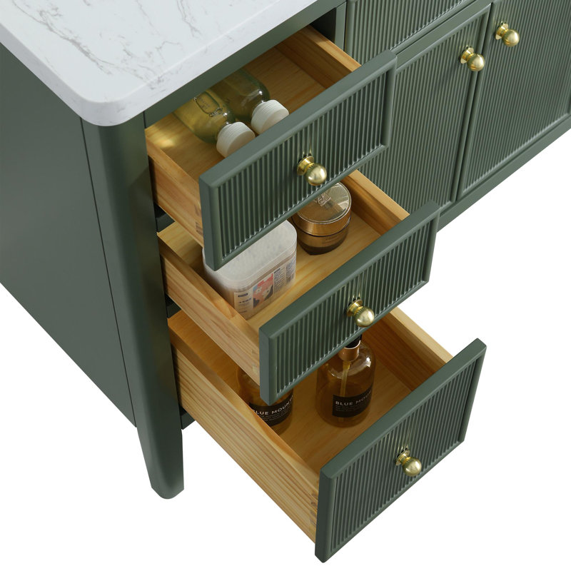 Ensemble de meuble-lavabo sur pied simple 48 po avec structure en bois massif et plateau en marbre d'ingénierie, Vert