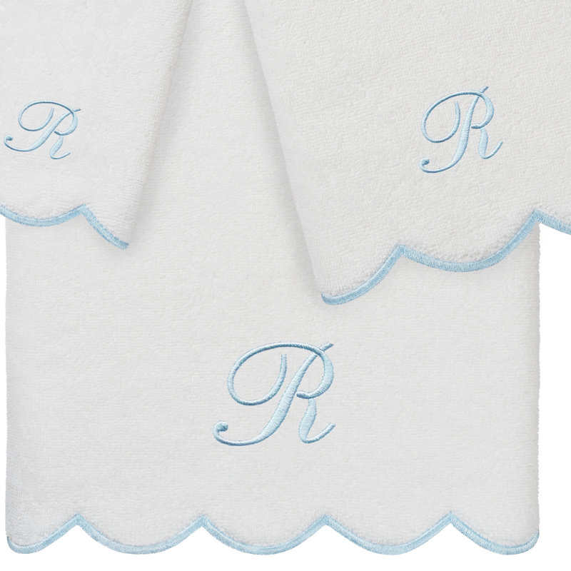  Ensemble de serviettes personnalisées 100% coton ADORNIA, R, Blanc / Bleu, Ensemble 3 serviettes de bain