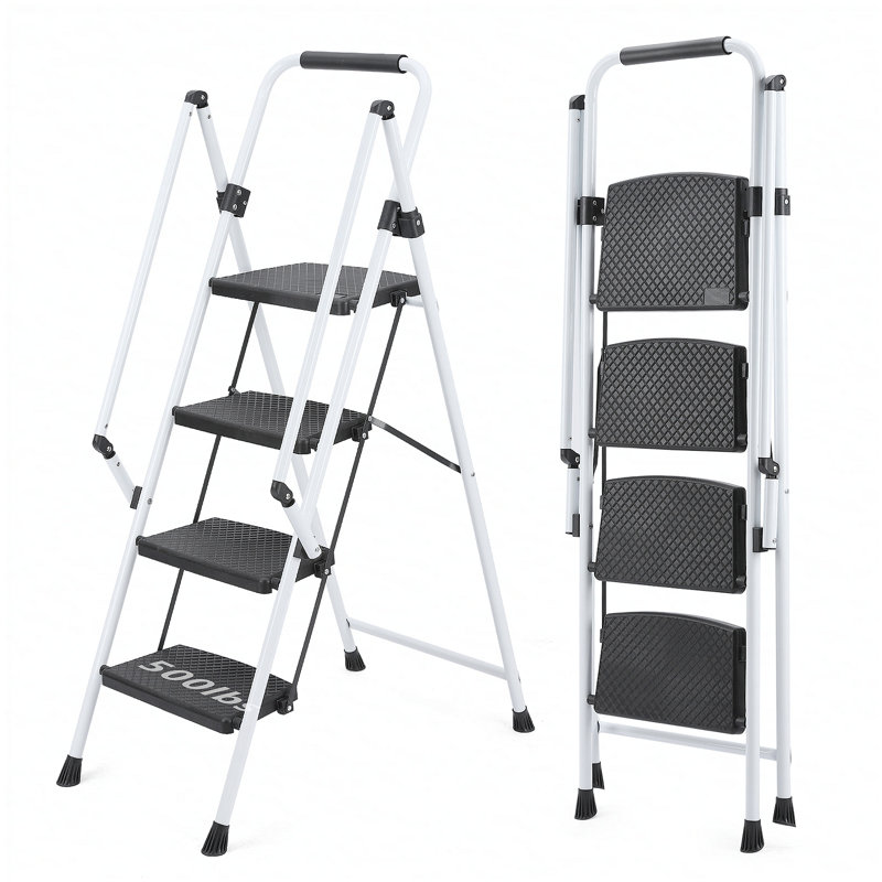 Échelle blanche à quatre marches, tabouret pliant léger à quatre marches, large pédale antidérapante et poignée de sécurité, échelle en acier robuste, échelle polyvalente, applicable à la famille, à la cuisine, au bureau