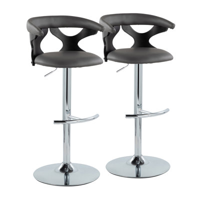 Ensemble de 2 tabourets pivotants contemporains réglables - siège en similicuir gris avec base chromée et repose-pieds arrondi en T