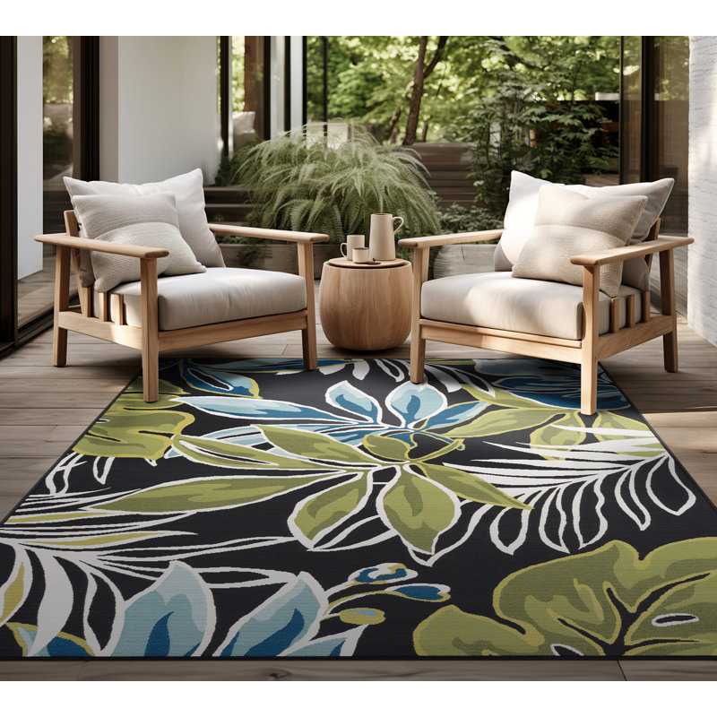 Aronda Floral Indoor / Outdoor Area Rug for Patios, Entryway, Deck or Porch - Black, Rectangle 7'11" x 9'11"