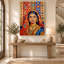 Portrait sur toile d'une mariée indienne rouge et or à motifs cachemire-1849923024